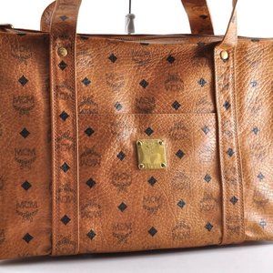 MCM Visetos Toto Bag Hand Bag Leather Brown Gold Zip Used Authentic